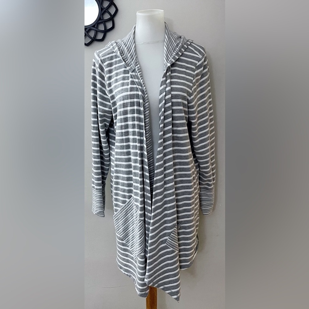 Sunday Gray and White Striped Hooded Cardigan Casual Chic Comfort Relax Fall